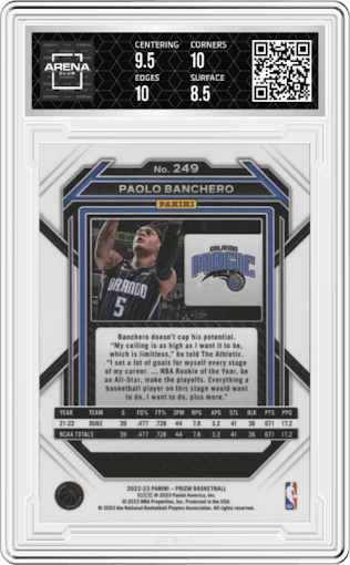 Paolo Banchero from the 2022-23 Panini Prizm  set graded by Arena Club and given an overall grade of 9.