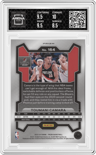Toumani Camara from the 2023-24 Panini Prizm set featuring a Silver Prizm  parallel graded by Arena Club and given an overall grade of 9.