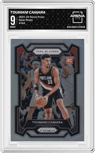 Toumani Camara from the 2023-24 Panini Prizm set featuring a Silver Prizm  parallel graded by Arena Club and given an overall grade of 9.