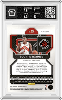 Scottie Barnes from the 2021-22 Panini Prizm  set featuring a Red/White/Blue Prizm parallel graded by Arena Club and given an overall grade of 9.5.