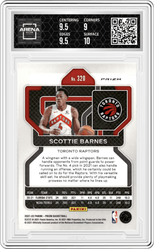 Scottie Barnes from the 2021-22 Panini Prizm  set featuring a Red/White/Blue Prizm parallel graded by Arena Club and given an overall grade of 9.5.