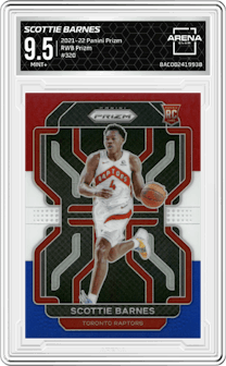 Scottie Barnes from the 2021-22 Panini Prizm  set featuring a Red/White/Blue Prizm parallel graded by Arena Club and given an overall grade of 9.5.