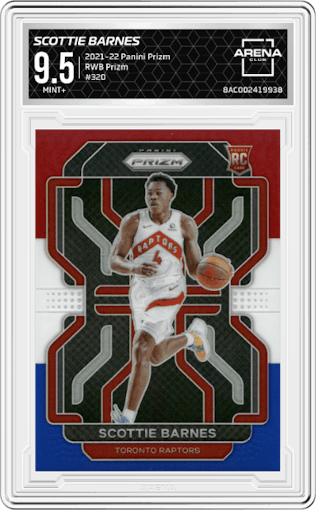 Scottie Barnes from the 2021-22 Panini Prizm  set featuring a Red/White/Blue Prizm parallel graded by Arena Club and given an overall grade of 9.5.