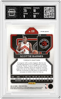 Scottie Barnes from the 2021-22 Panini Prizm  set featuring a Factory Box Set parallel graded by Arena Club and given an overall grade of 8.