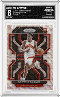 Scottie Barnes from the 2021-22 Panini Prizm  set featuring a Factory Box Set parallel graded by Arena Club and given an overall grade of 8.