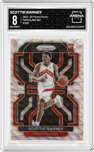 Scottie Barnes from the 2021-22 Panini Prizm  set featuring a Factory Box Set parallel graded by Arena Club and given an overall grade of 8.