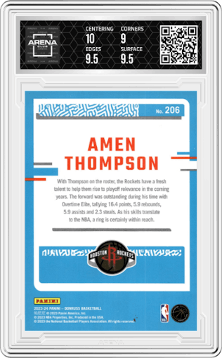 Amen Thompson  from the 2023-24 Panini Donruss set featuring a Green Holo Laser  parallel graded by Arena Club and given an overall grade of 9.5.