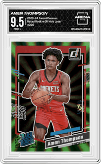 Amen Thompson  from the 2023-24 Panini Donruss set featuring a Green Holo Laser  parallel graded by Arena Club and given an overall grade of 9.5.