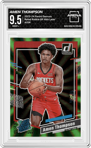 Amen Thompson  from the 2023-24 Panini Donruss set featuring a Green Holo Laser  parallel graded by Arena Club and given an overall grade of 9.5.