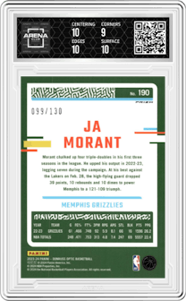 Ja Morant from the 2023-24 Donruss Optic set featuring a Red Seismic parallel graded by Arena Club and given an overall grade of 9.5.