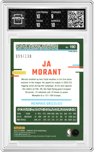 Ja Morant from the 2023-24 Donruss Optic set featuring a Red Seismic parallel graded by Arena Club and given an overall grade of 9.5.