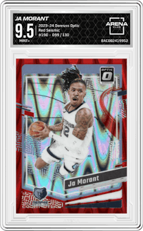 Ja Morant from the 2023-24 Donruss Optic set featuring a Red Seismic parallel graded by Arena Club and given an overall grade of 9.5.