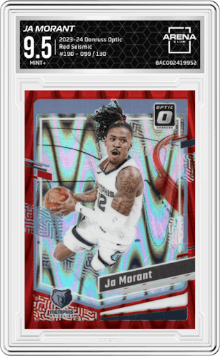 Ja Morant from the 2023-24 Donruss Optic set featuring a Red Seismic parallel graded by Arena Club and given an overall grade of 9.5.