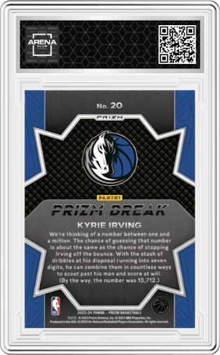 Kyrie Irving from the 2023-24 Panini Prizm set featuring a Blue Wave parallel graded by Arena Club.