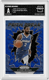 Kyrie Irving from the 2023-24 Panini Prizm set featuring a Blue Wave parallel graded by Arena Club.
