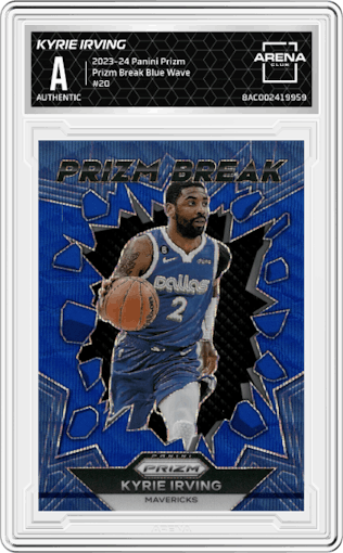 Kyrie Irving from the 2023-24 Panini Prizm set featuring a Blue Wave parallel graded by Arena Club.