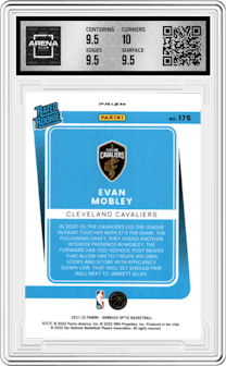 Evan Mobley
 from the 2021-22 Panini Donruss Optic set featuring a Target Box Set parallel graded by Arena Club and given an overall grade of 10.