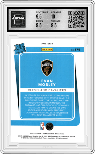 Evan Mobley
 from the 2021-22 Panini Donruss Optic set featuring a Target Box Set parallel graded by Arena Club and given an overall grade of 10.