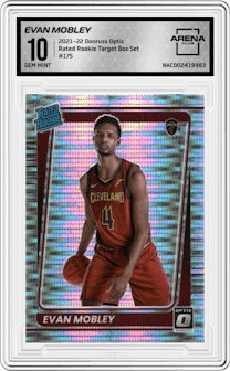 Evan Mobley
 from the 2021-22 Panini Donruss Optic set featuring a Target Box Set parallel graded by Arena Club and given an overall grade of 10.