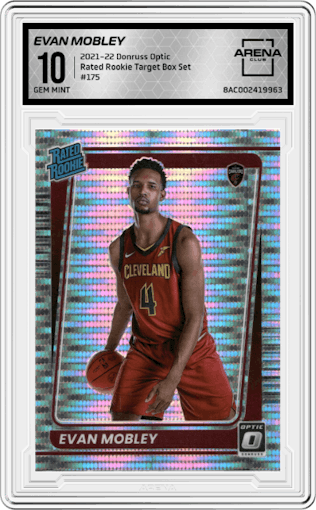 Evan Mobley
 from the 2021-22 Panini Donruss Optic set featuring a Target Box Set parallel graded by Arena Club and given an overall grade of 10.
