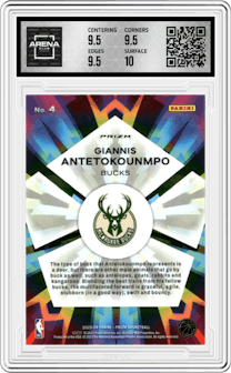 Giannis Antetokounmpo from the 2023-24 Panini Prizm set featuring a Blue Wave parallel graded by Arena Club and given an overall grade of 10.