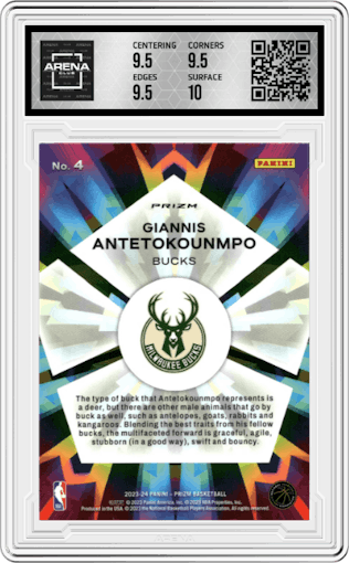 Giannis Antetokounmpo from the 2023-24 Panini Prizm set featuring a Blue Wave parallel graded by Arena Club and given an overall grade of 10.