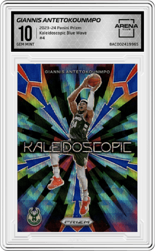 Giannis Antetokounmpo from the 2023-24 Panini Prizm set featuring a Blue Wave parallel graded by Arena Club and given an overall grade of 10.
