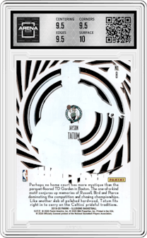 Jayson Tatum from the 2019-20 Panini Illusions set featuring a Orange parallel graded by Arena Club and given an overall grade of 10.