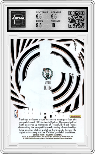 Jayson Tatum from the 2019-20 Panini Illusions set featuring a Orange parallel graded by Arena Club and given an overall grade of 10.
