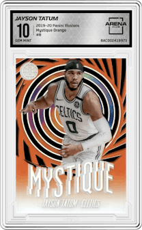 Jayson Tatum from the 2019-20 Panini Illusions set featuring a Orange parallel graded by Arena Club and given an overall grade of 10.