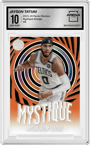 Jayson Tatum from the 2019-20 Panini Illusions set featuring a Orange parallel graded by Arena Club and given an overall grade of 10.