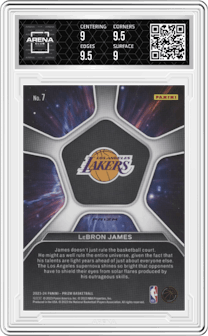 LeBron James from the 2023-24 Panini Prizm set featuring a Green Prizm parallel graded by Arena Club and given an overall grade of 9.5.