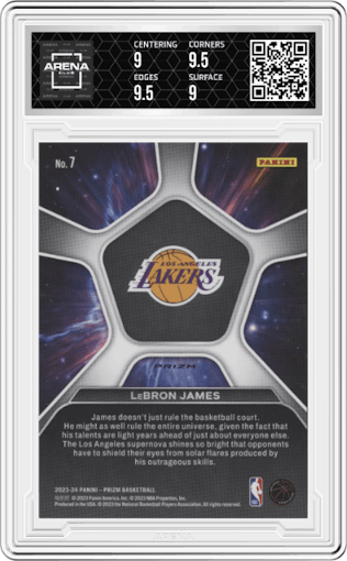 LeBron James from the 2023-24 Panini Prizm set featuring a Green Prizm parallel graded by Arena Club and given an overall grade of 9.5.