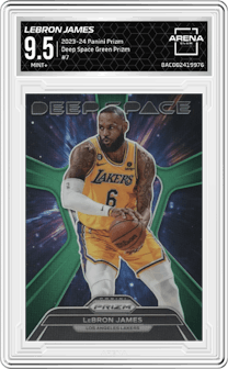 LeBron James from the 2023-24 Panini Prizm set featuring a Green Prizm parallel graded by Arena Club and given an overall grade of 9.5.