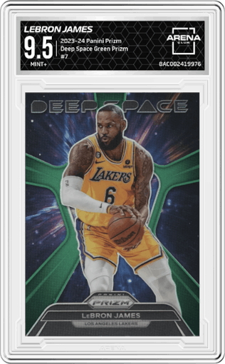 LeBron James from the 2023-24 Panini Prizm set featuring a Green Prizm parallel graded by Arena Club and given an overall grade of 9.5.