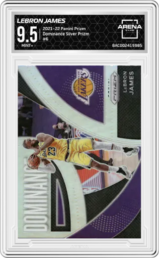 LeBron James from the 2021-22 Panini Prizm  set featuring a Silver Prizm parallel graded by Arena Club and given an overall grade of 9.5.