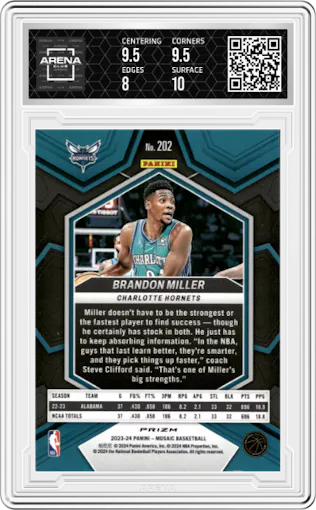 Brandon Miller from the 2023-24 Panini Mosaic set featuring a International parallel graded by Arena Club and given an overall grade of 8.5.