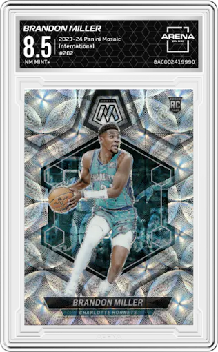 Brandon Miller from the 2023-24 Panini Mosaic set featuring a International parallel graded by Arena Club and given an overall grade of 8.5.