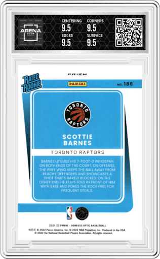 Scottie Barnes from the 2021-22 Panini Donruss Optic set featuring a Target Box Set parallel graded by Arena Club and given an overall grade of 9.5.