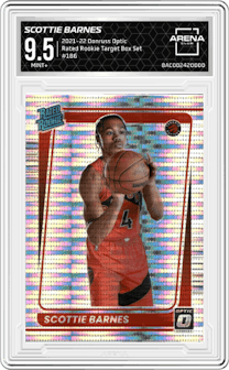 Scottie Barnes from the 2021-22 Panini Donruss Optic set featuring a Target Box Set parallel graded by Arena Club and given an overall grade of 9.5.