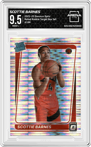 Scottie Barnes from the 2021-22 Panini Donruss Optic set featuring a Target Box Set parallel graded by Arena Club and given an overall grade of 9.5.