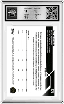 Cam Whitmore from the 2023-24 Topps Chrome set featuring a Blue Basketball Refractor parallel graded by Arena Club and given an overall grade of 10.