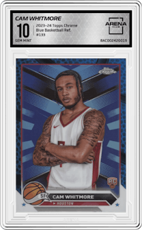 Cam Whitmore from the 2023-24 Topps Chrome set featuring a Blue Basketball Refractor parallel graded by Arena Club and given an overall grade of 10.