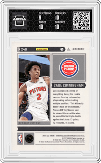 Cade Cunningham from the 2021-22 Panini Chronicles set featuring a Asia parallel graded by Arena Club and given an overall grade of 9.5.
