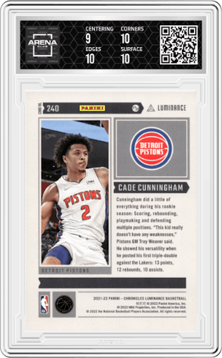 Cade Cunningham from the 2021-22 Panini Chronicles set featuring a Asia parallel graded by Arena Club and given an overall grade of 9.5.