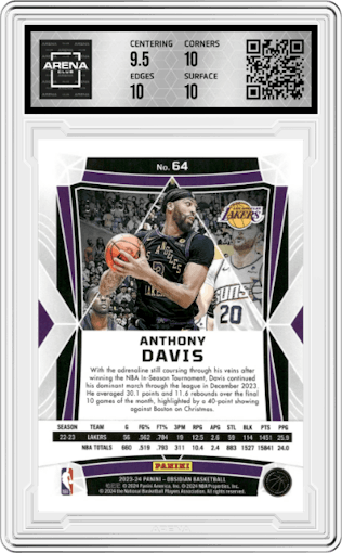 Anthony Davis  from the 2023-24 Panini Obsidian set featuring a Electric Etch Orange Flood parallel graded by Arena Club and given an overall grade of 10.