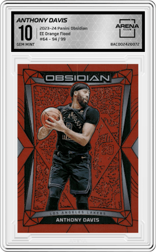 Anthony Davis  from the 2023-24 Panini Obsidian set featuring a Electric Etch Orange Flood parallel graded by Arena Club and given an overall grade of 10.