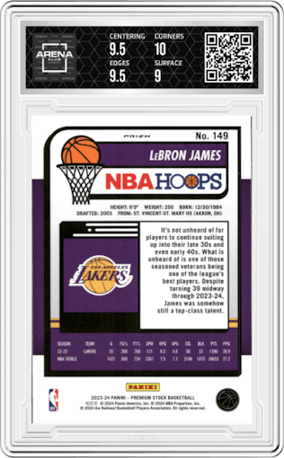 LeBron James from the 2023-24 Panini Hoops Premium Stock set featuring a Premium parallel graded by Arena Club and given an overall grade of 9.5.