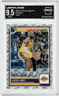 LeBron James from the 2023-24 Panini Hoops Premium Stock set featuring a Premium parallel graded by Arena Club and given an overall grade of 9.5.
