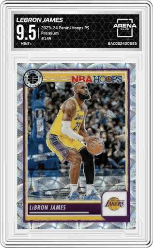 LeBron James from the 2023-24 Panini Hoops Premium Stock set featuring a Premium parallel graded by Arena Club and given an overall grade of 9.5.